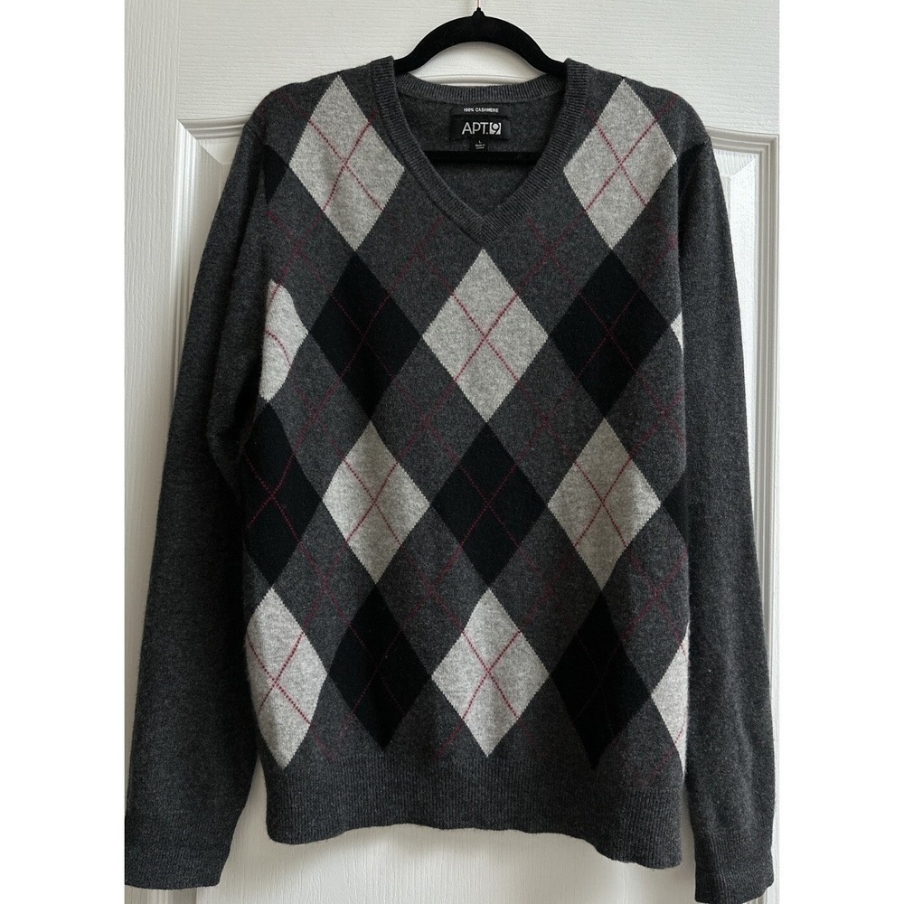 APT 9 Men's 100% Cashmere Argyle Diamond Knit Sweater Size L Gray